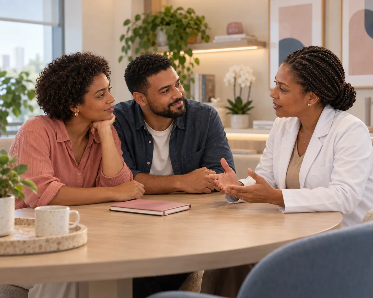 Casal conversa com a médica no consultório, com um caderno sobre a mesa.